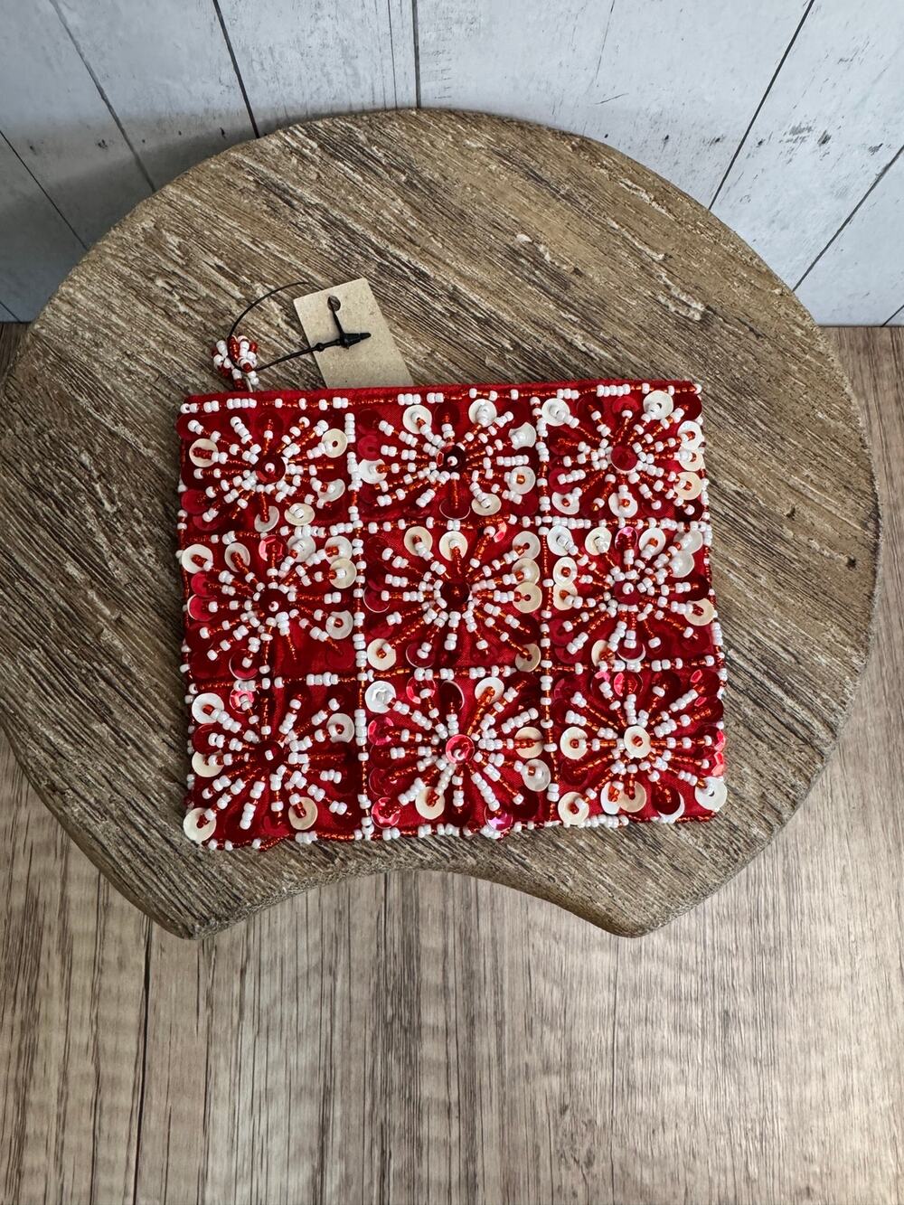 Coin Purse Red Sparkly beaded Sequin Coin Purse Wallet Red White Accessory
